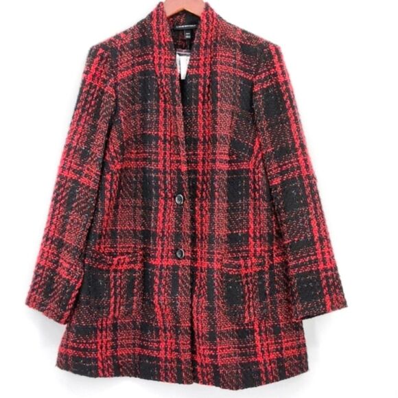Lane Bryant Red Plaid Shimmer Boucle Jacket Pea Coat Womens Size 14 / 16 Holiday - Picture 2 of 9